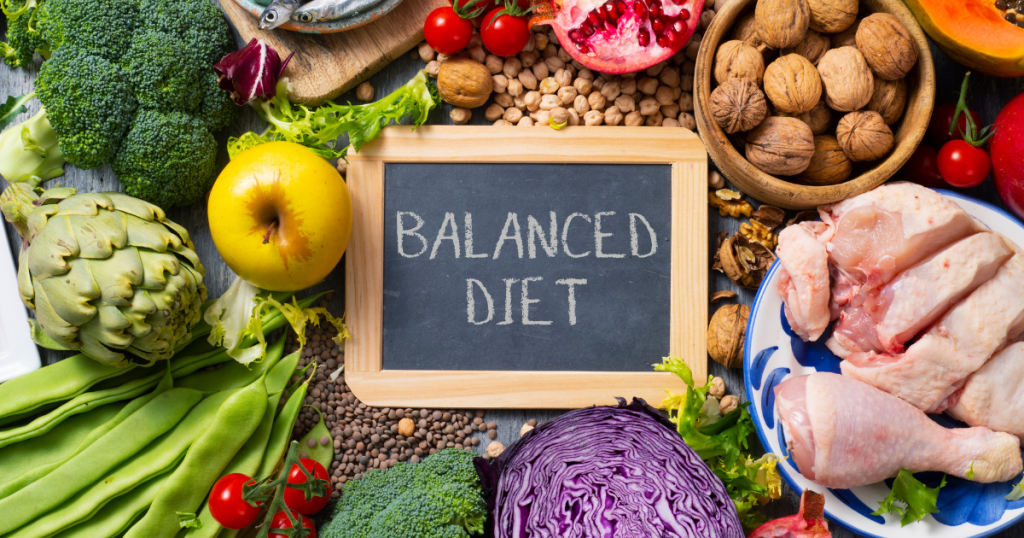 A colorful plate filled with fruits, vegetables, whole grains, and lean proteins, showcasing a balanced and nutritious meal.