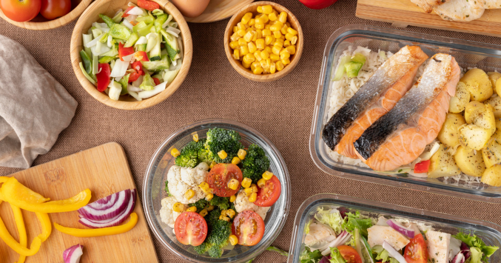 People engaged in physical activity such as jogging, yoga, or cycling, accompanied by nutritious post-workout snacks or meals,