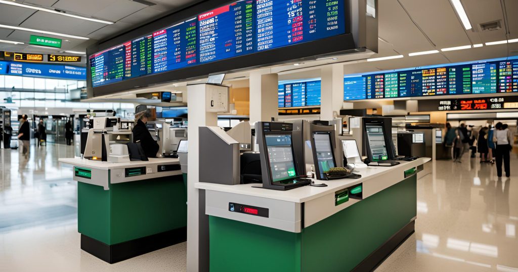 "Convenient Currency Exchange Services with Real-Time Rates" "Currency exchange counter at a bank or airport, displaying exchange rates and serving customers."