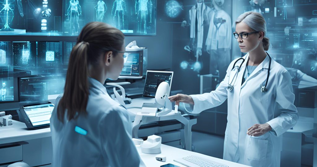  "A futuristic scene showing healthcare professionals using advanced technology powered by ICD-11 to streamline diagnoses, treatment, and medical record-keeping processes."

