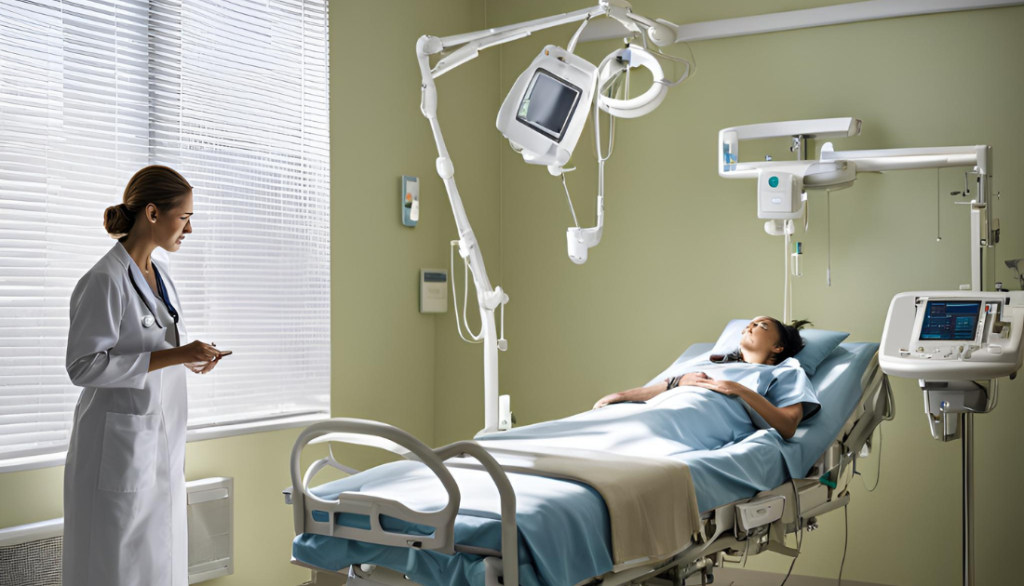 Side-by-side comparison of inpatient care in a hospital room and outpatient care in a clinic consultation room