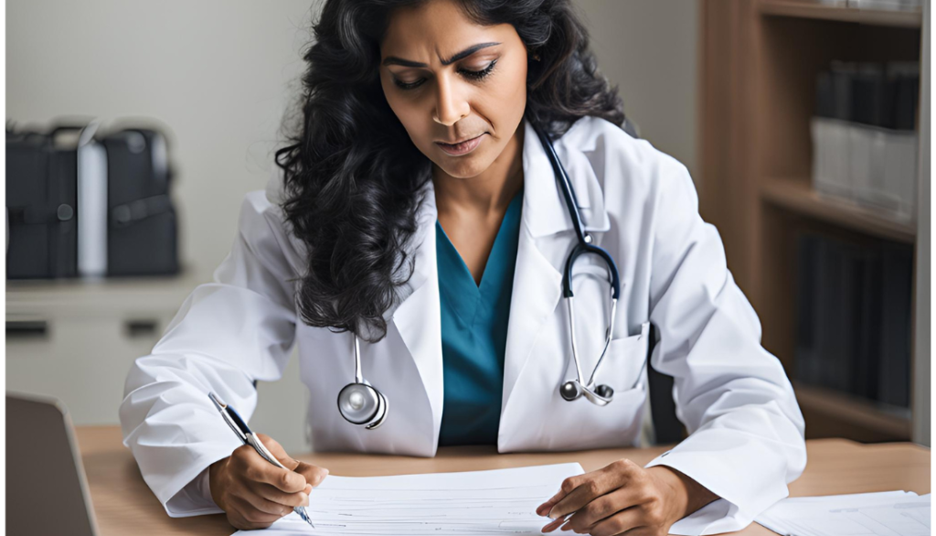 Medical billing specialist reviewing documents and preparing for negotiation with insurance companies."