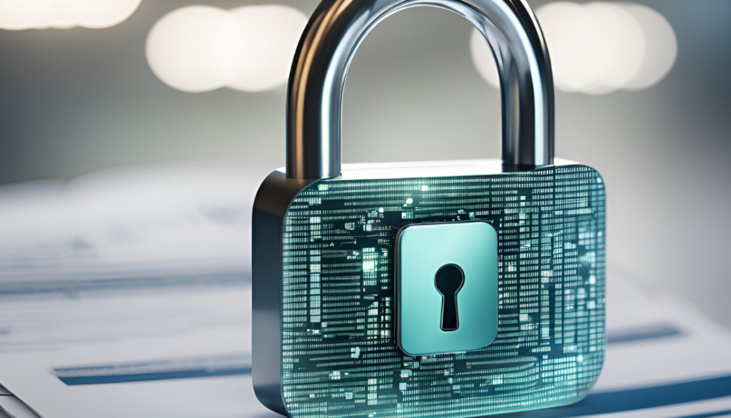 A padlock symbol overlaying medical documents, representing data security and HIPAA compliance.