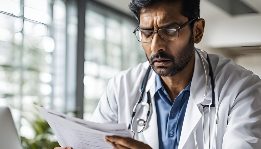 "Person reviewing a medical bill with a concerned expression, illustrating the stress of medical debt."