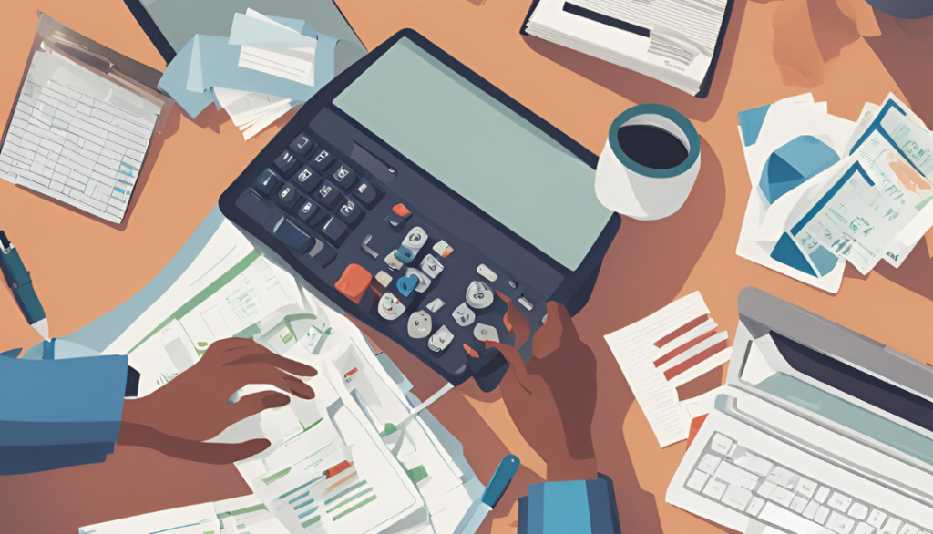 "Individual managing medical debt at a desk with bills, a calculator, and a laptop, illustrating strategies for financial organization."