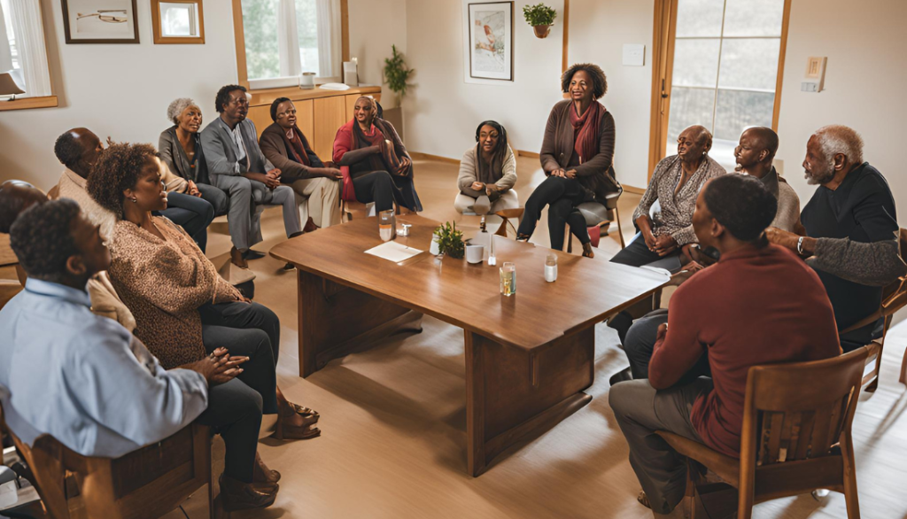 Community meeting focused on addressing the roots of medical debt, featuring diverse individuals discussing healthcare policies and sharing solution