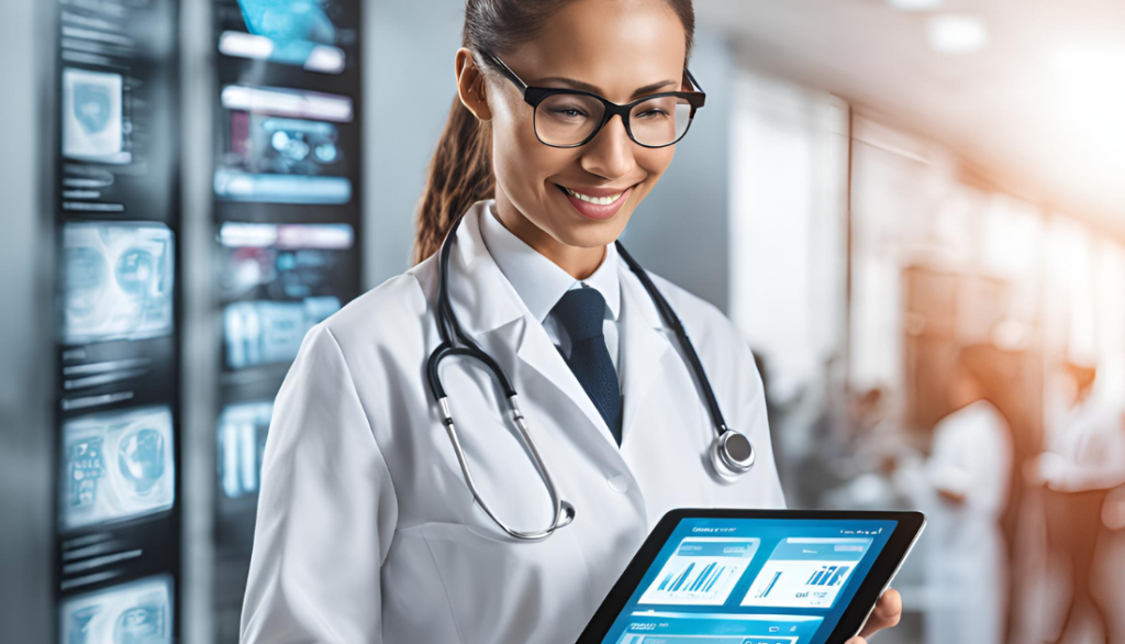 "Healthcare professional using a tablet to access patient payment information."